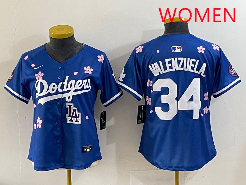 Women Los Angeles Dodgers #34 Valenzuela Blue Sakura Edition 2025 Nike MLB Jersey style 40